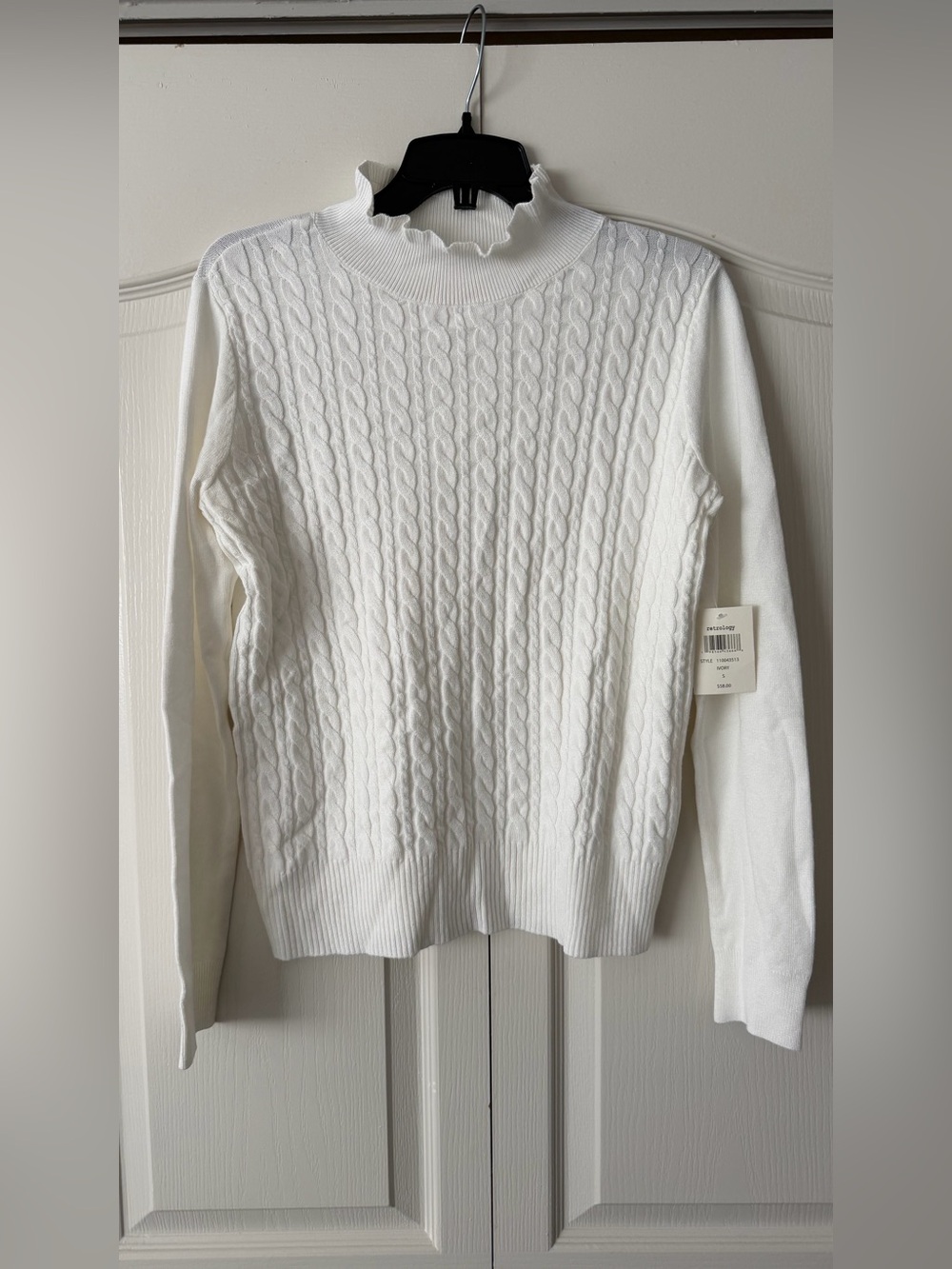 Women's Cable Knit Ruffle Mock Neck Sweater - White